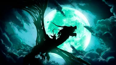 The silhouette of a dead dragon with huge wings, flying against