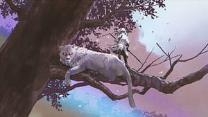 A white cat with red eyes lounges next to a person in all white on a tree branch