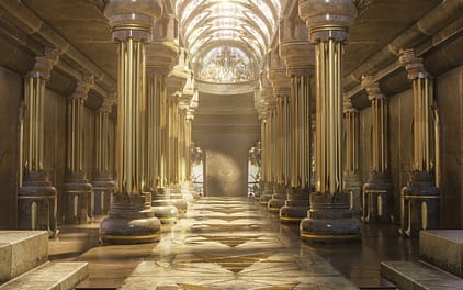 A hyper-realistic fantasy 3D interior of a temple. Majestic pill