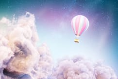 Over the Clouds. Unusual 3d illustration of an air balloon over Fantastic clouds.