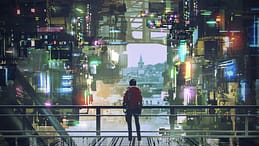 man standing on balcony looking at futuristic city with colorful light, digital art style, illustration painting
