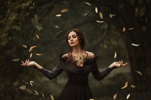 Incredible, amazing, seductive girl, in a dress , magic rotates the leaves. The background is fantastic autumn. Artistic photography.