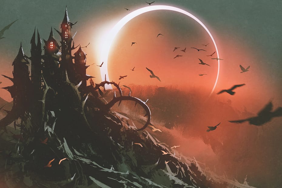scenery of castle of thorn with solar eclipse in dark red sky, digital art style, illustration painting