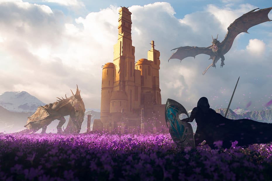 Epic hero elf knight in a purple flowers field fight with two bi