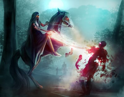 Fantasy horseman in a hood fighting zombies in dark woods with s