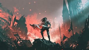 Fantasy scene: knight with twin swords standing on the rubble of a burnt city, digital art style, illustration painting