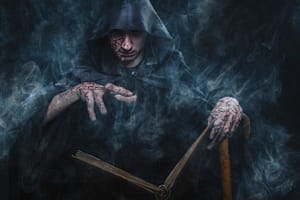 Dark necromancer, sorcerer casting black magic from his spell book, the book of shadows